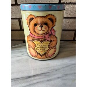 VTG 80s 90s Teddy Bear Hearts Cookie Tin Container with Lid Retro Kitchen Decor